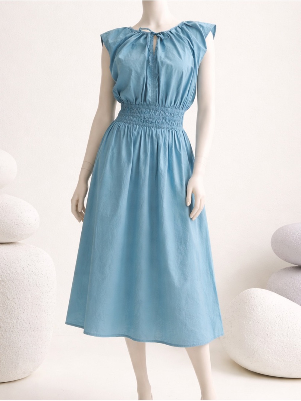 Faherty Blue Smocked-Waist, Open Back, Midi Organic Cotton Dress